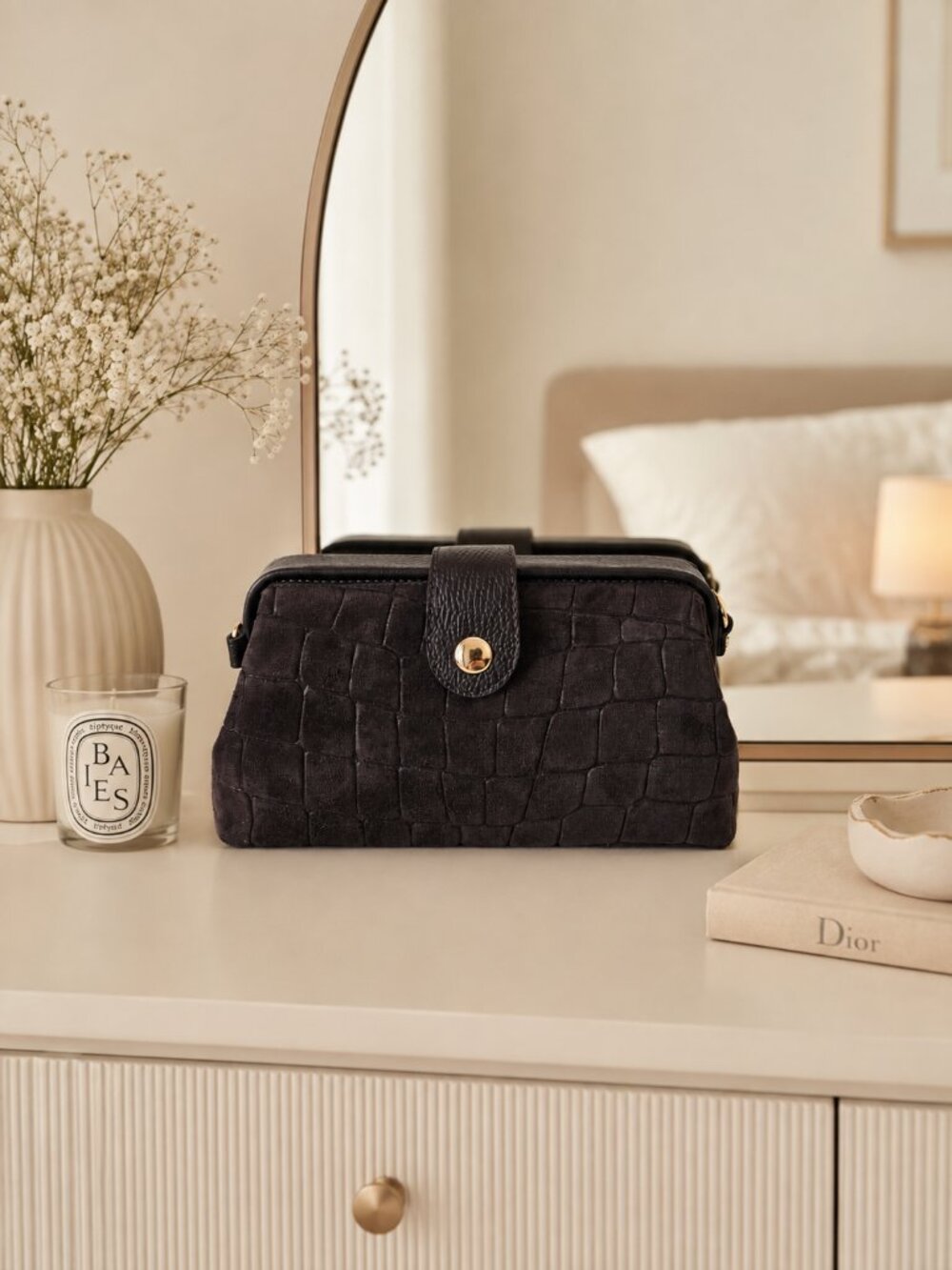Chocolate Brown Italian Suede Crossbody Bag, Croc Embossed Leather Purse